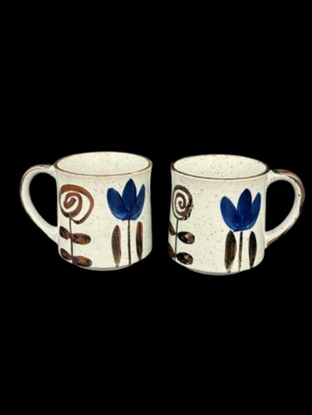 Vintage Otagiri Japan Cobalt Blue Brown Floral Speckled Stoneware Mugs Set 2 - Picture 3 of 7